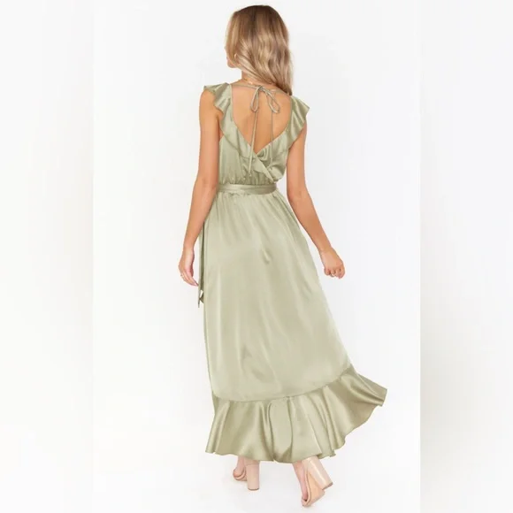 Show Me Your Mumu Samantha Ruffle Wrap Dress Moss Green Luxe Satin Large - Picture 3 of 9
